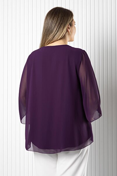 SUBU TASARIM Μπλούζα με λεπτομέρεια από σιφόν με λαιμόκοψη μωβ TBS970