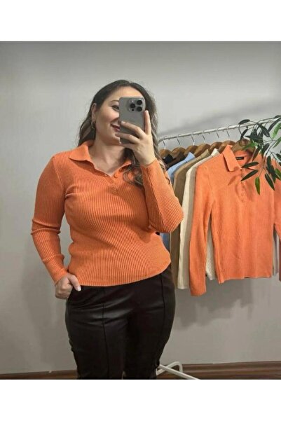 hedef giyim Women's Peanut Green Polo Collar Ribbed Knitwear Sweater