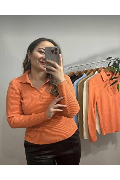 hedef giyim Women's Peanut Green Polo Collar Ribbed Knitwear Sweater