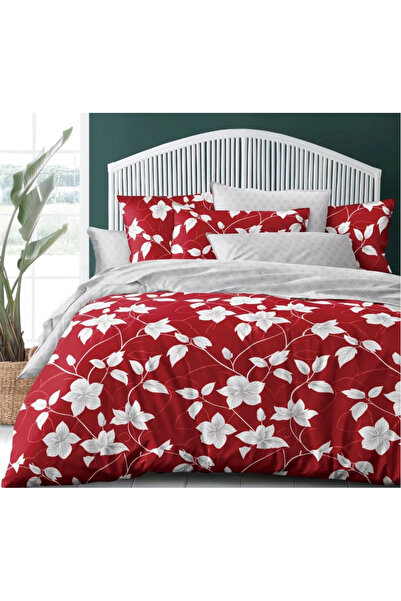 trendyhome Double Bed Linen, 4 Pieces, Satin Cotton, Poppies, Red/Grey, i14622-Elastic