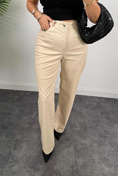 LUV STUDİOS CO بيج مبطن بالصوف جلد ناعم عالي الجودة ذو خصر عالٍ بنطلون واسع ا...