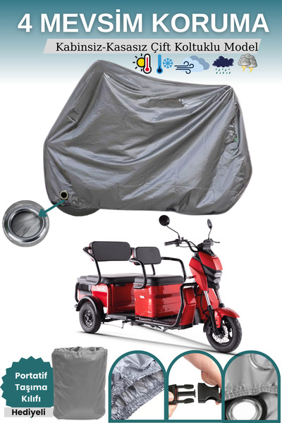 Breen Gri Kilit Uyumlu Çift Koltuklu 3 Kişilikli 3 Tekerlekli Elektrik Motosiklet Brandası Moped Brandası