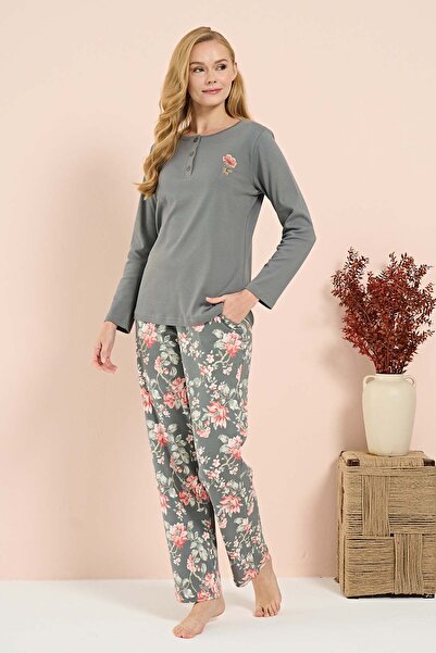 REMSA Set pijama cu mâneci lungi bumbac moale pentru femei 3202 gri