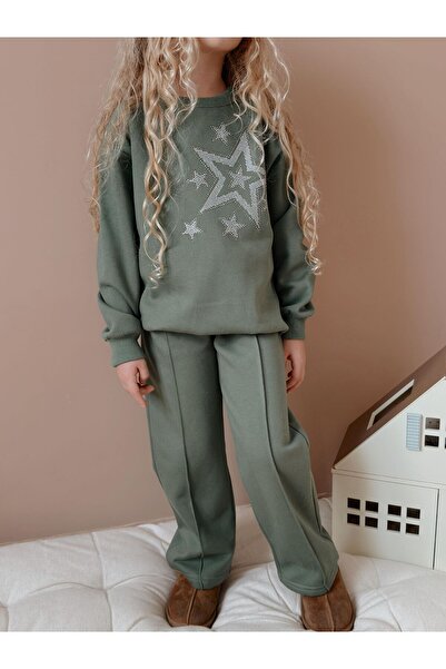 Patriko New Season Stylish Star-Detail Green-Pink Fleece Inside Top and Bottom Set for Girls