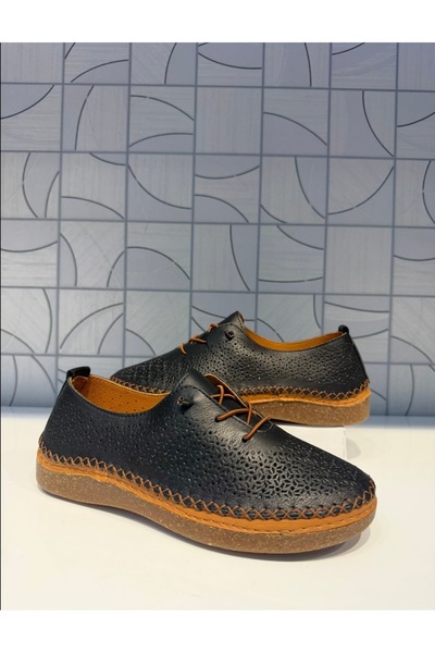 Anıl Ayakkabı Napa 8208 Women's Black Genuine Leather Rubber Lace Detail Casual Sports Shoes