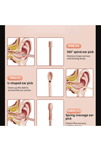 CRM Set of 6 ear cleaning and hygiene accessories, CRM, portable case, rose-gold