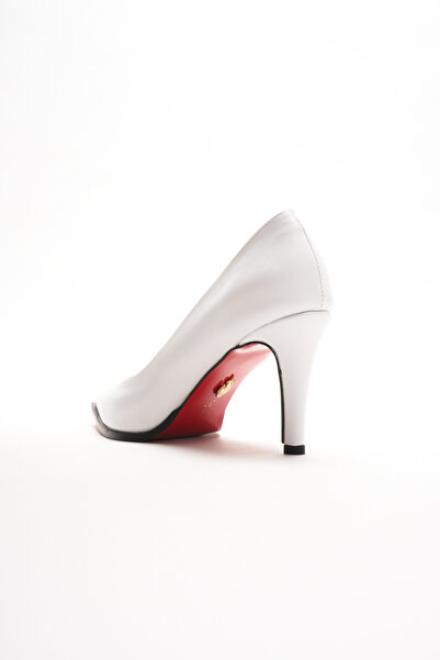 Lizzu White Leather Pointed Toe Stiletto Red Sole Heeled Shoes Stylish Evening Dress Classic Casual