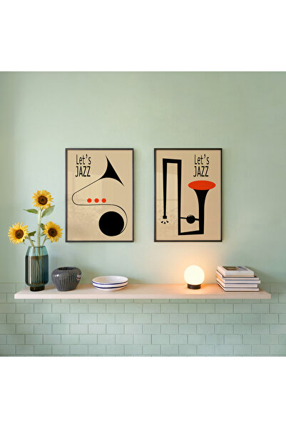 İkona Design Studio Müzik Jazz Siyah Ahşap Çerçeveli 2'li Poster Tablo Seti |...