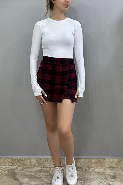 Tam Moda Women's Plaid Burgundy Patterned Winter Slit Short Skirt