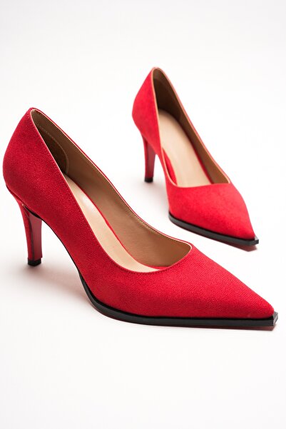 Lizzu Red Suede Pointed Toe Stiletto Red Sole Heeled Shoes Stylish Evening Dress Classic Casual