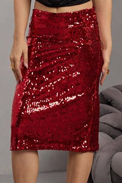 VAGGON Fusta midi cu paiete, roșie, cu închidere cu fermoar, pentru femei Vs01683