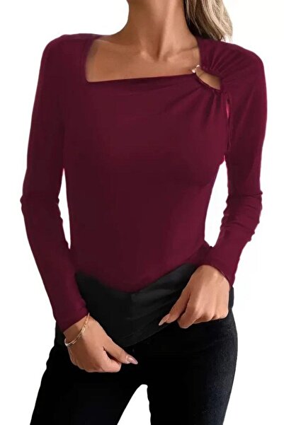 Mossta Δαχτυλίδι Λεπτομερής Βισκόζη Μπλούζα - Βουργουνδία