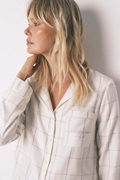 Women'secret White cotton flannel classic pyjamas with plaid print