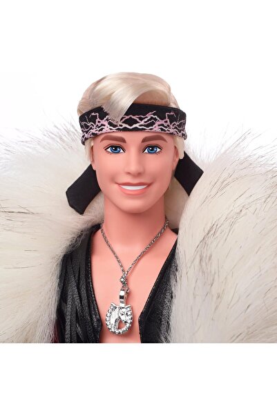 Barbie The Movie Collectible Ken Doll Wearing Big Faux Fur Coat and Black Fringe Vest with Bandana