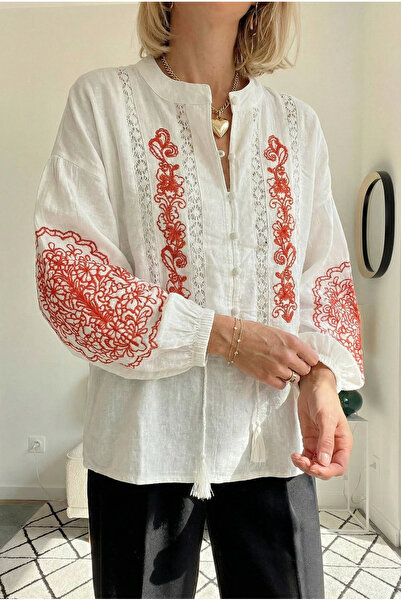 FEMELLE Γυναικεία μπλούζα από βαμβάκι με κέντημα με κουμπιά, λευκή με κορδόνι στη μέση και μανίκια μπαλόνι