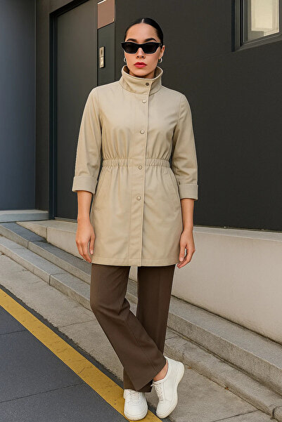 comstar Γυναικεία κοντή καμπαρντίνα με ριγέ επένδυση σε βασικό μπεζ χρώμα