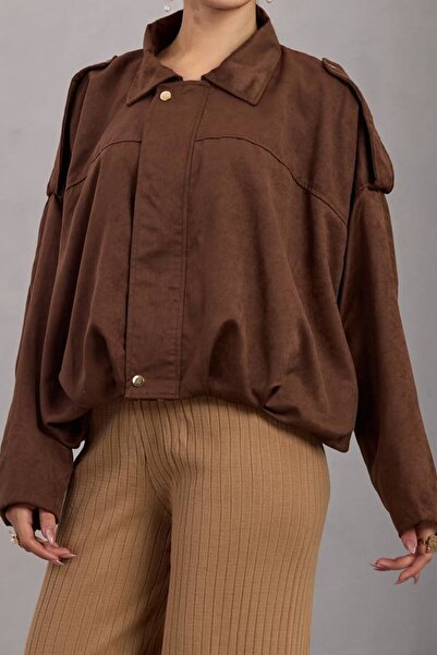 VAGGON Γυναικείο καφέ μπουφάν με λεπτομέρεια με φερμουάρ και επένδυση Bomber Suede Vs01670