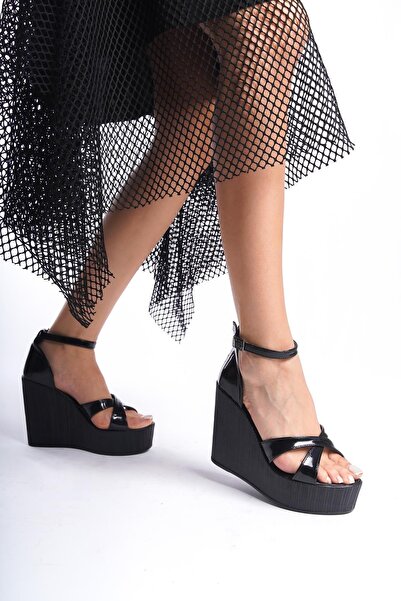 asmi shoes Women's Verla Cross Strap Black Patent Leather High Heeled Wedge Sole Shoes