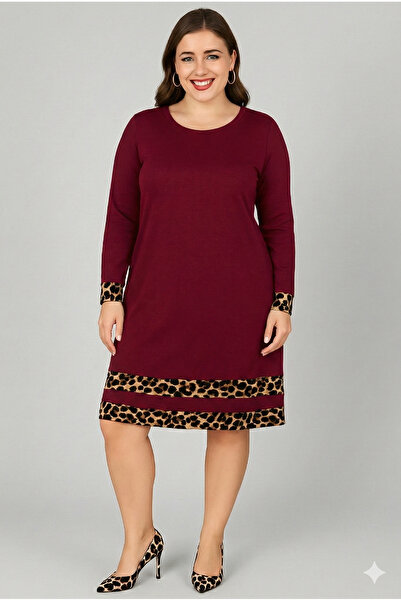 Curvy Trend Plus Size Sleeve Tip and Skirt Leopard Paneled Long Sleeve Viscose Dress