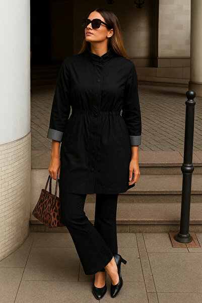 comstar Trenci scurt negru cu fermoar și dungi pentru femei