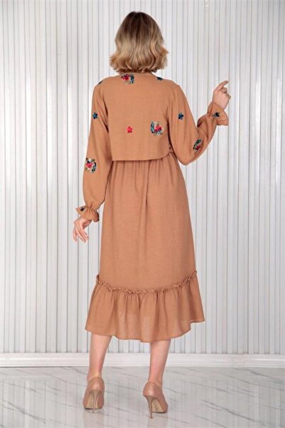 Neşeli Butik Women's Embroidered Midi Length Linen Dress Ddc001