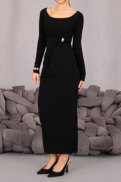 VAGGON Γυναικείο φόρεμα με μαύρη αγκράφα με λεπτομέρειες ντραπέ Midi Length Vs01669