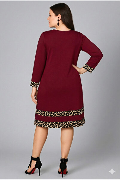 Curvy Trend Plus Size Sleeve Tip and Skirt Leopard Paneled Long Sleeve Viscose Dress
