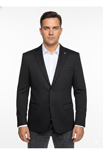 Plus Scorpion Jachetă blazer slim fit pentru bărbați, bej – țesătură texturată în dungi – cu nasturi dublu