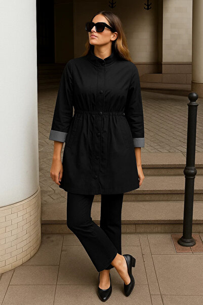 comstar Trenci scurt negru cu fermoar și dungi pentru femei