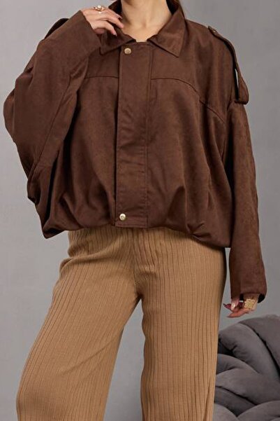 VAGGON Γυναικείο καφέ μπουφάν με λεπτομέρεια με φερμουάρ και επένδυση Bomber Suede Vs01670