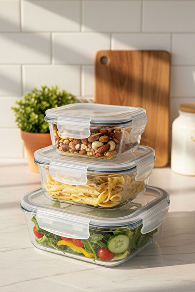 TOGO مجموعة حاويات تخزين زجاجية مربعة الشكل من بيرا، محكمة الغلق ومقاومة للتس...