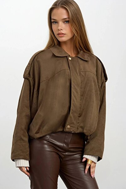 VAGGON Γυναικείο μπουφάν με φερμουάρ με λεπτομέρεια με ζώνη χακί Vs01670