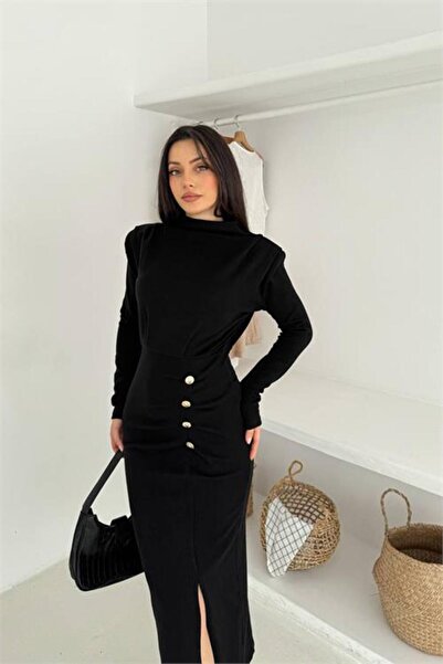 Neşeli Butik kadın vatkalı düğme detaylı drapeli tam boy yırtmaçlı elbise NBK4369