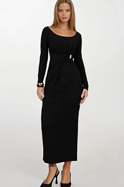 VAGGON Γυναικείο φόρεμα με μαύρη αγκράφα με λεπτομέρειες ντραπέ Midi Length Vs01669