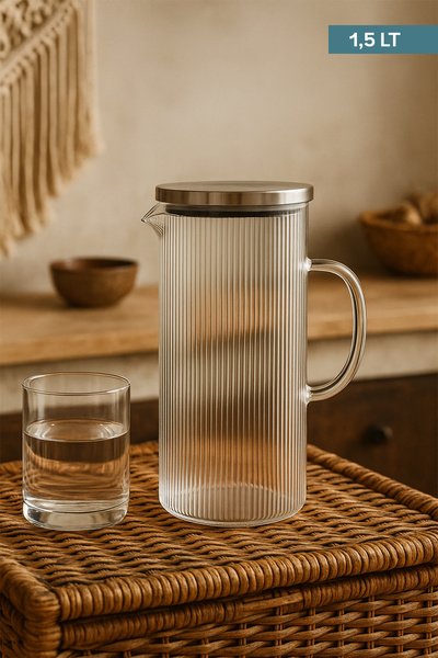 incirop 1500 ml Borosilikat Cam Sürahi – Premium İnce Desenli Buzdolabı Sürahisi