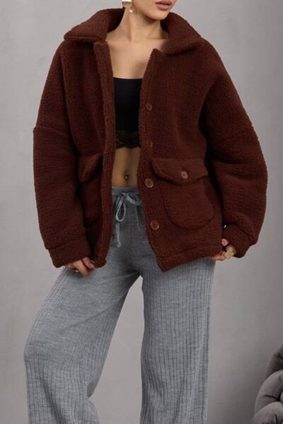 VAGGON Women's Brown Double Pocket Button Closure Plush Jacket Vs01671