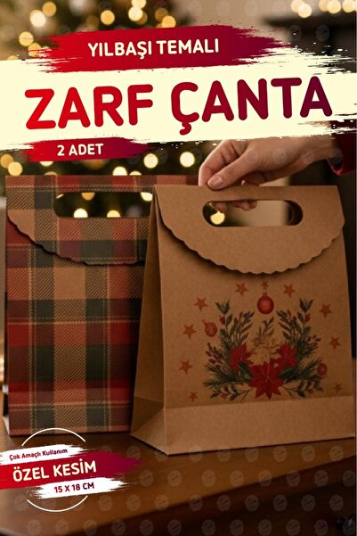 t tuğset etiket Yılbaşı Ekose+Kokina Baskılı Zarf Model Karton Çanta 15X18X6C...