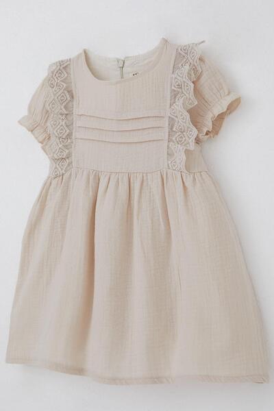 Breeze Baby Girl Dress with Guipure Detail on the Shoulder, Elastic Sleeves, 9 Months-3 Years, Beige