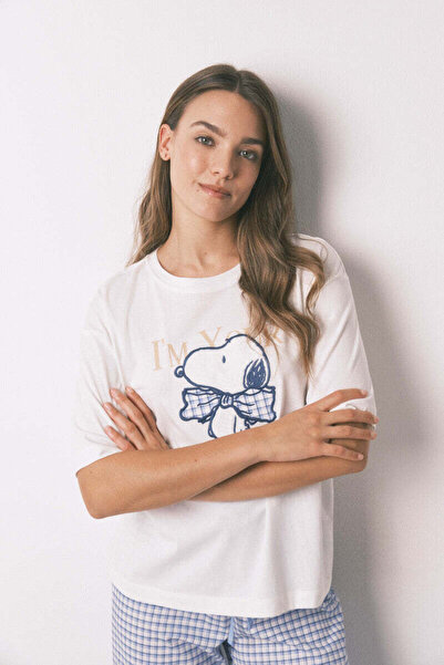 Women'secret Long pyjamas short sleeve sleeved cotton Snoopy Vichy pyjamas