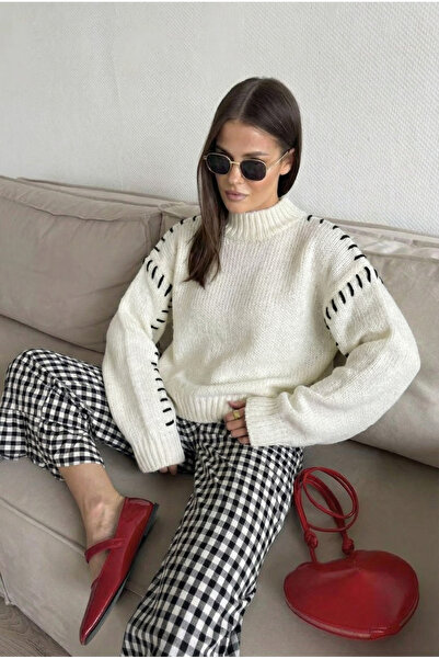 FEMELLE Pulover alb pentru femei, tricotaj semi-pescar