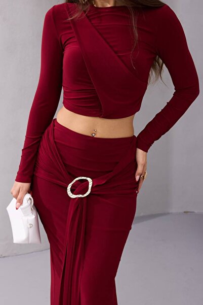 VAGGON Women's Burgundy Draped Long Sleeve Blouse and Buckle Detailed Skirt Set Vs01667