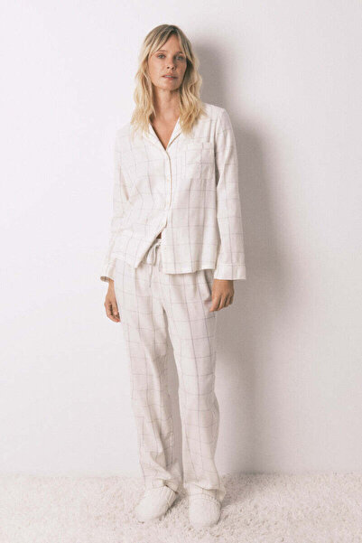 Women'secret White cotton flannel classic pyjamas with plaid print
