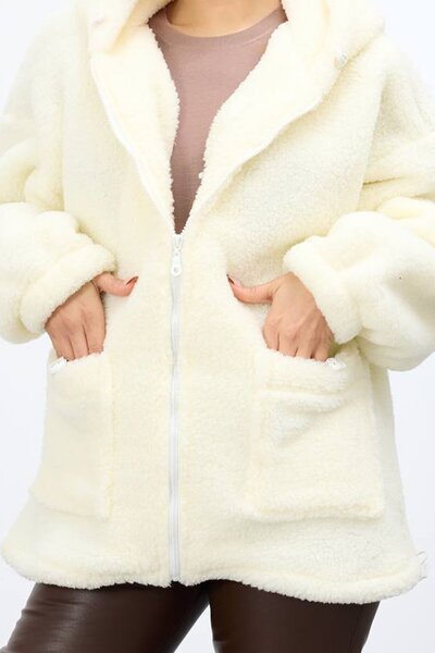 VAGGON Women's Cream Double Pocket Zipper Closure Hooded Plush Jacket Vs01682