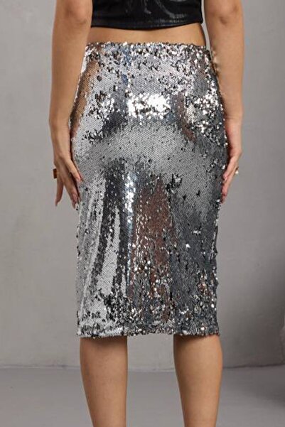 VAGGON Fusta midi gri cu paiete, cu fermoar, pentru femei Vs01683