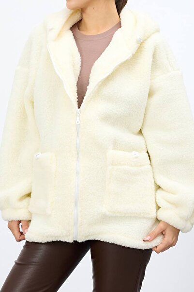 VAGGON Women's Cream Double Pocket Zipper Closure Hooded Plush Jacket Vs01682