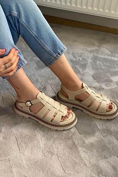 asmi shoes Women's Desma Beige 4 cm Cage Model Vardola Detailed Thick Sole Orthopedic Sandals