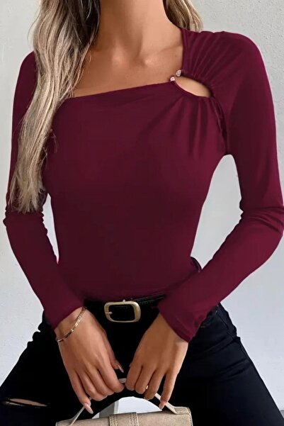 Mossta Δαχτυλίδι Λεπτομερής Βισκόζη Μπλούζα - Βουργουνδία