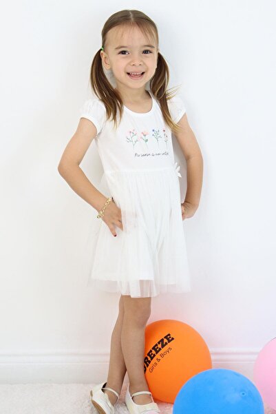 Breeze Girl's Dress Flower Printed Tulle Bow Detail 1.5-5 Years Old, Ecru