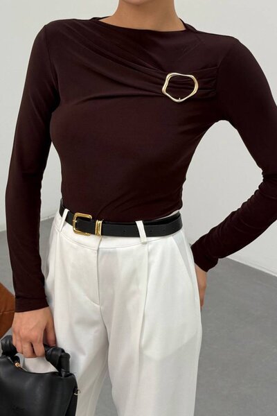 VAGGON Γυναικεία μακρυμάνικη μπλούζα με αγκράφα Bitter Brown ντραπέ Vs01666