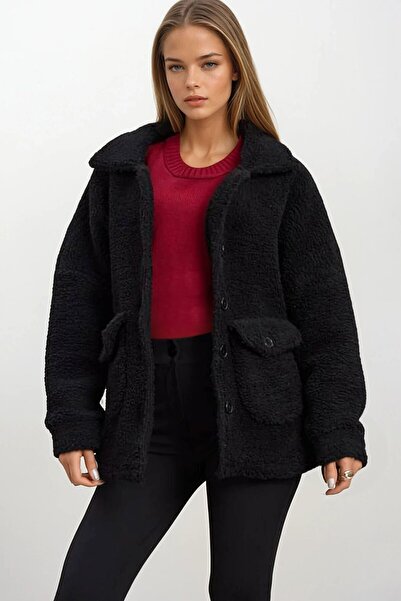 VAGGON Women's Black Double Pocket Button Closure Plush Jacket Vs01671